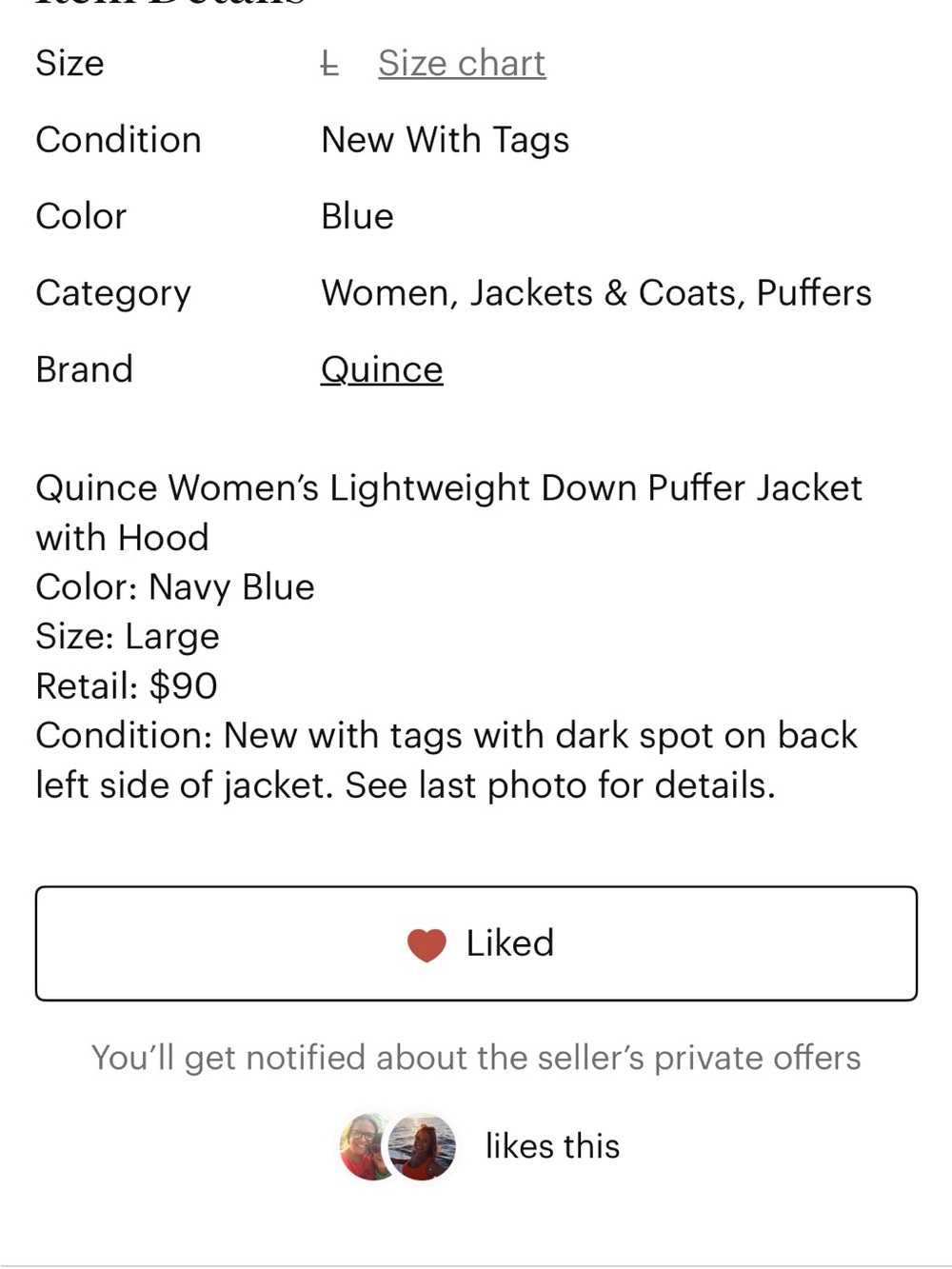 Quince Navy Blue Lightweight Down Puffer Jacket with Hood Mid-Length L Women’s**